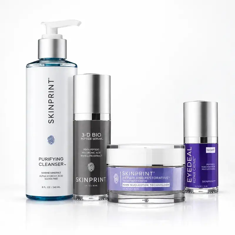 Skinprint Anti-Aging Kit: Purifying Cleanser, 3-D Bio-Peptide Serum, Repair & Restorative Treatment Crème and Eyedeal Repair Crème