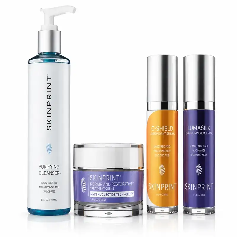Skinprint Dark Spots & Uneven Tone Kit: Purifying Cleanser, C-Shield Antioxidant Serum, LumaSilk Brightening Emulsion and Repair & Restorative Treatment Crème