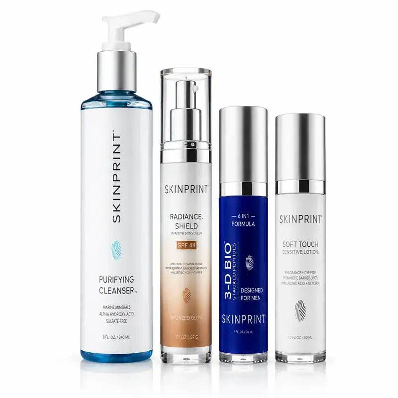 Skinprint Men's Essential Kit: Purifying Cleanser, 3-D Bio Stacked Peptide for Men, Soft Touch Lotion and Radiance Shield SPF 44